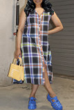 Multicolor Casual Plaid Print Patchwork Buckle Turndown Collar Shirt Dress Dresses
