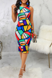 Multicolor Sexy Print Patchwork O Neck Pencil Skirt Dresses