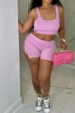 Pink Sexy Solid Bandage Hollowed Out Patchwork U Neck Two Pieces