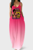Rose Red Sexy Casual Gradual Change Print Basic Spaghetti Strap Long Dress