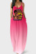 Rose Red Sexy Casual Gradual Change Print Basic Spaghetti Strap Long Dress