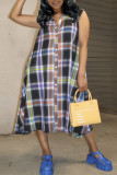 Multicolor Casual Plaid Print Patchwork Buckle Turndown Collar Shirt Dress Dresses