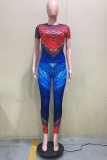 Red Sexy Print Patchwork O Neck Short Sleeve Two Pieces