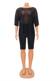 Black Fashion Sexy Solid See-through O Neck Short Sleeve Two Pieces