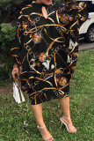 Yellow Fashion Casual Print Hollowed Out Half A Turtleneck Long Sleeve Dresses
