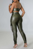 Apricot Sexy Solid Tassel Hollowed Out Patchwork Spaghetti Strap Sleeveless Two Pieces