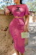 Rose Red Fashion Elegant Print Fold O Neck Short Sleeve Two Pieces