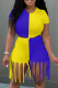 Yellow Blue Fashion Casual Patchwork Tassel O Neck Short Sleeve Two Pieces