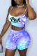 Blue Sexy Casual Letter Print Backless Spaghetti Strap Sleeveless Two Pieces