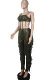 Apricot Sexy Solid Tassel Hollowed Out Patchwork Spaghetti Strap Sleeveless Two Pieces