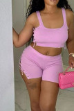 Pink Sexy Solid Bandage Hollowed Out Patchwork U Neck Two Pieces