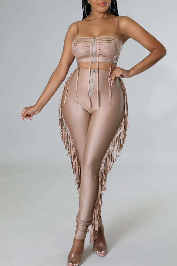 Apricot Sexy Solid Tassel Hollowed Out Patchwork Spaghetti Strap Sleeveless Two Pieces