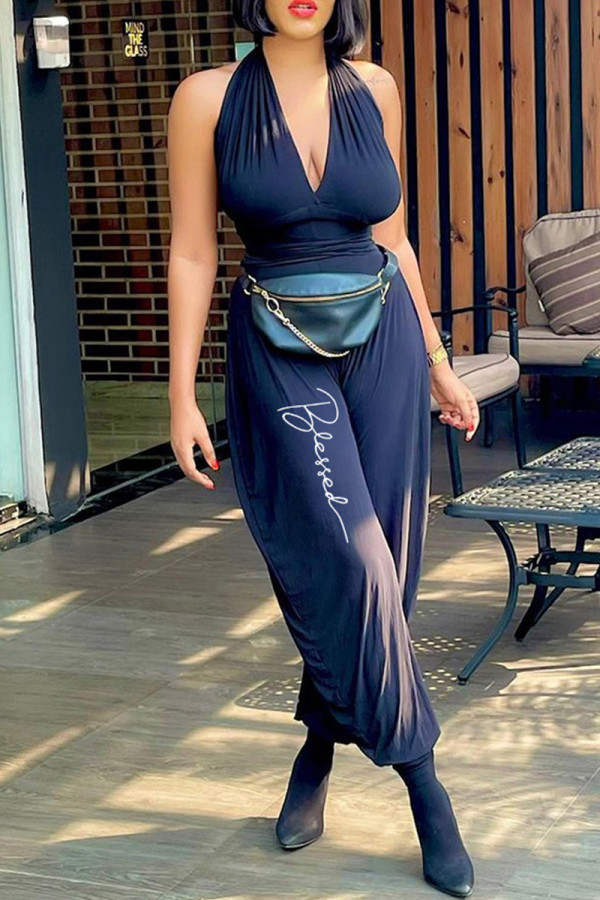 Black Fashion Casual Print Backless Halter Regular Jumpsuits