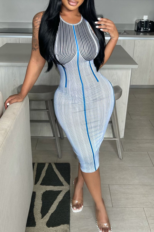 White Casual Striped Print Patchwork O Neck Pencil Skirt Dresses