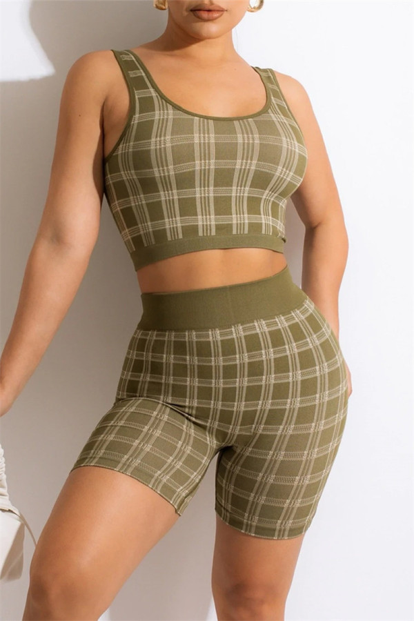 Green Fashion Casual Print Patchwork U Neck Sleeveless Two Pieces