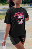 Black Fashion Print Patchwork O Neck Short Sleeve Two Pieces