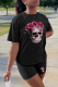 Black Fashion Print Patchwork O Neck Short Sleeve Two Pieces