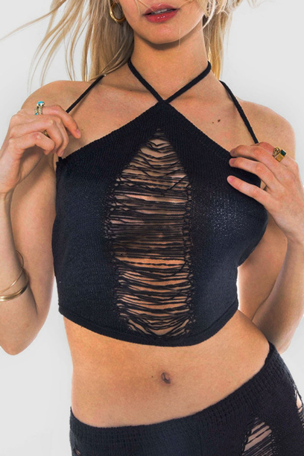Black Sexy Solid Hollowed Out Patchwork Halter Tops