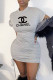 Grey Fashion Sexy Print Fold Letter O Neck One Step Skirt Dresses