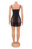 Apricot Fashion Sexy Patchwork See-through Backless Spaghetti Strap Sleeveless Dress