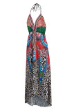 Turquoise Fashion Sexy Print Bandage Backless Spaghetti Strap Long Dress