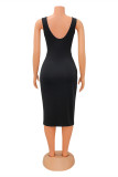 Black Fashion Sexy Solid Backless Slit V Neck Sleeveless Dress