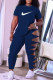 Deep Blue Fashion Street Print Ripped O Neck Short Sleeve Two Pieces
