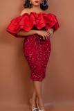 Red Elegant Solid Sequins Patchwork Flounce Off the Shoulder Evening Dress Dresses