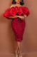 Red Elegant Solid Sequins Patchwork Flounce Off the Shoulder Evening Dress Dresses