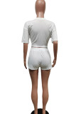 White Casual Solid Bandage Patchwork O Neck Short Sleeve Two Pieces