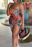 Brownness Sexy Print High Opening Spaghetti Strap Irregular Dress Dresses