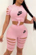 Pink Fashion Casual Print Ripped O Neck Short Sleeve Two Pieces