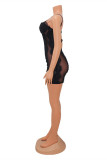 Apricot Fashion Sexy Patchwork See-through Backless Spaghetti Strap Sleeveless Dress
