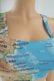 Cyan Sexy Print Patchwork Spaghetti Strap Sleeveless Two Pieces