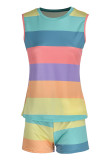 Colour Casual Striped Print Patchwork O Neck Sleeveless Two Pieces