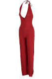 Red Casual Solid Patchwork Backless Slit Halter Straight Jumpsuits