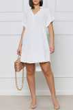 White Fashion Casual Solid Patchwork V Neck Short Sleeve Dress