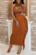 Coffee Sexy Print Tassel Backless Hot Drill O Neck Sleeveless Two Pieces