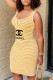 Yellow Fashion Casual Striped Letter U Neck One Step Skirt Dresses