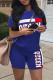 Blue Fashion Casual Letter Print Basic O Neck Short Sleeve Two Pieces