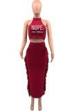 Coffee Sexy Print Tassel Backless Hot Drill O Neck Sleeveless Two Pieces