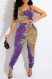 Cyan Sexy Print Patchwork Spaghetti Strap Sleeveless Two Pieces