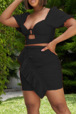 Rose Red Fashion Solid Flounce V Neck Short Sleeve Two Pieces