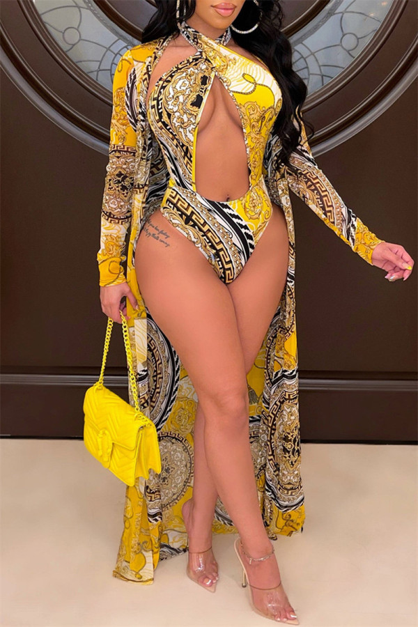 Black Yellow Fashion Sexy Print Hollowed Out Swimwears Set  (Without Paddings)