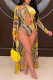 Black Yellow Fashion Sexy Print Hollowed Out Swimwears Set  (Without Paddings)