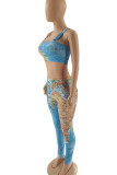 Cyan Sexy Print Patchwork Spaghetti Strap Sleeveless Two Pieces
