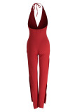 Red Casual Solid Patchwork Backless Slit Halter Straight Jumpsuits