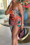 Brownness Sexy Print High Opening Spaghetti Strap Irregular Dress Dresses