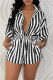 Black Fashion Casual Striped Print Basic Turndown Collar Short Sleeve Two Pieces