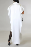 White Casual Print Patchwork Turndown Collar Irregular Dress Dresses